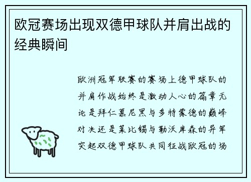 欧冠赛场出现双德甲球队并肩出战的经典瞬间