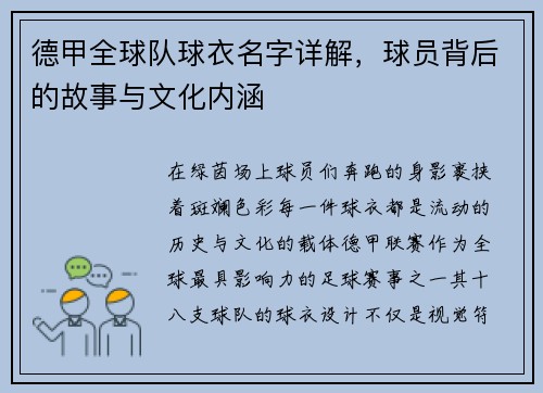 德甲全球队球衣名字详解，球员背后的故事与文化内涵