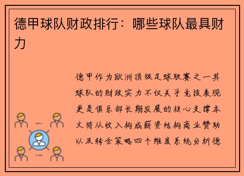 德甲球队财政排行：哪些球队最具财力